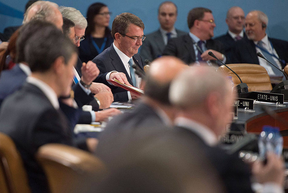 Secretary Carter attends North Atlantic Council meeting at NATO headquarters in Brussels, February 2016 (DOD/Adrian Cadiz)