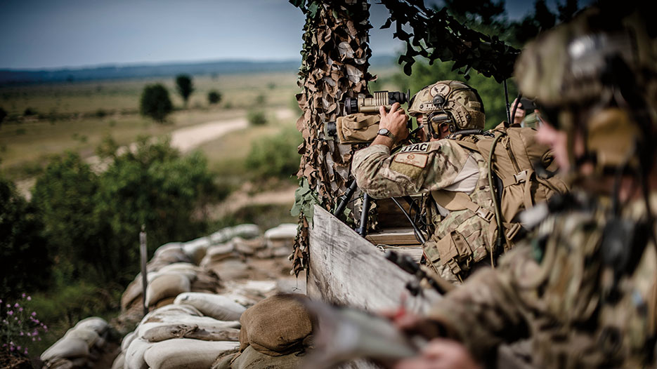 U.S. Air Force joint terminal attack controller uses laser rangefinder designator for close air support training mission at Grayling Air Gunnery Range, Grayling, Michigan, July 29, 2015 (U.S. Air National Guard/Scott Thompson)