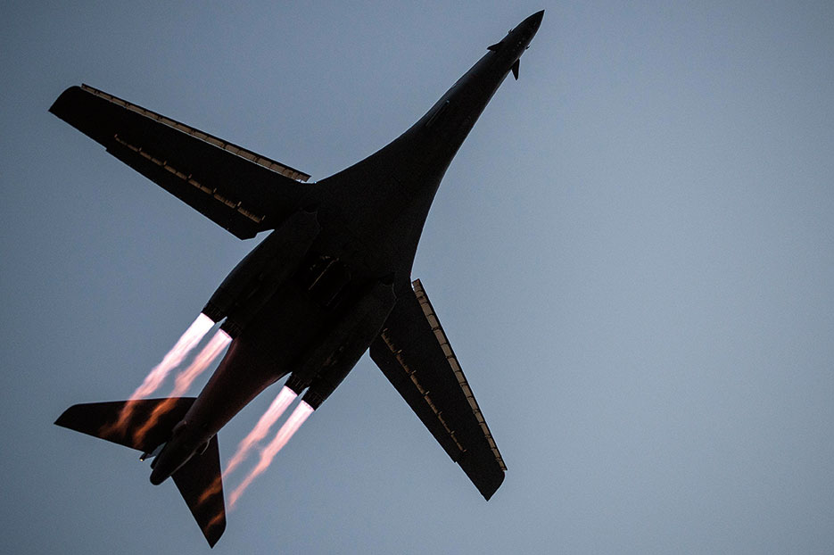 B-1B Lancer takes off from strategic coalition air base Al Udeid Air Base, Qatar, to conduct combat operations April 8, 2015 (U.S. Air Force/James Richardson)