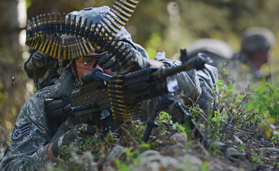 Airman provides security during training event for U.S. Army Alaska’s Warrior Leader Course on Joint Base Elmendorf-Richardson, May 16, 2014 (DOD/Justin Connaher)