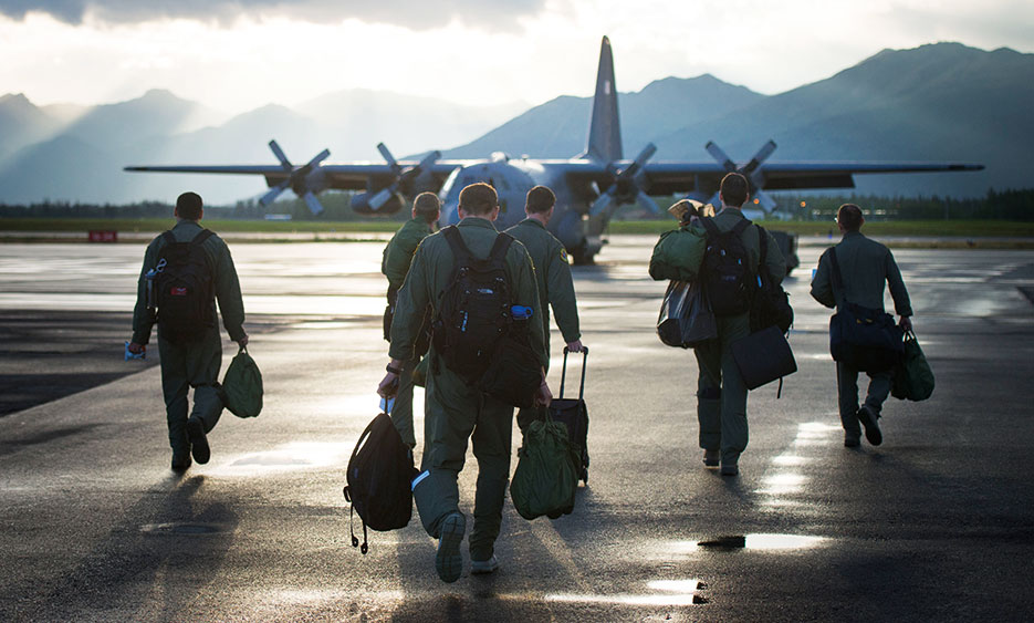 U.S. Airmen with 36th Airlift Squadron during first day of Pacific Air Forces commander-directed Red Flag–Alaska 14-3 at Joint Base Elmendorf-Richardson, providing combined offensive counterair, interdiction, close air support, and large force employment training, August 11, 2014 (U.S. Air Force/Chad C. Strohmeyer)