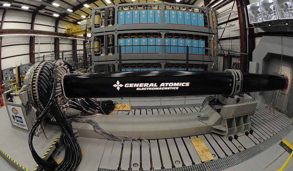 Electromagnetic Railgun launches projectiles using electricity instead of chemical propellants for use aboard ships, June 21, 2012 <br />(U.S. Navy/John F. Williams)