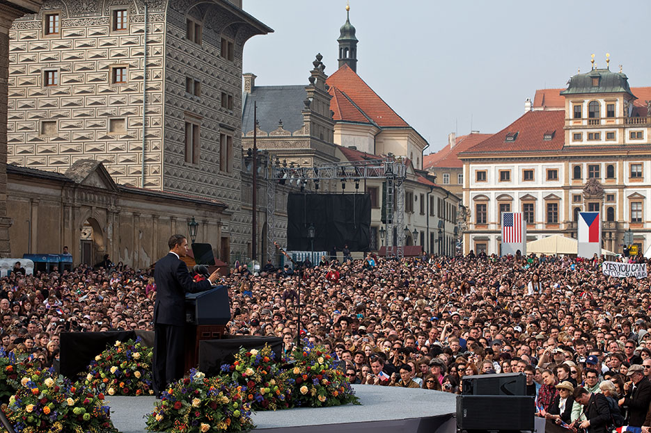 President Obama delivers first major speech stating commitment to seek peace and security of world without nuclear weapons in front of thousands in Prague, Czech Republic, April 5, 2009 (White House/Pete Souza)