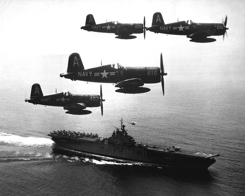 Corsairs returning from combat mission over North Korea circle USS Boxer as they wait for planes in next strike to launch, September 4, 1951 (U.S. Navy/NARA)