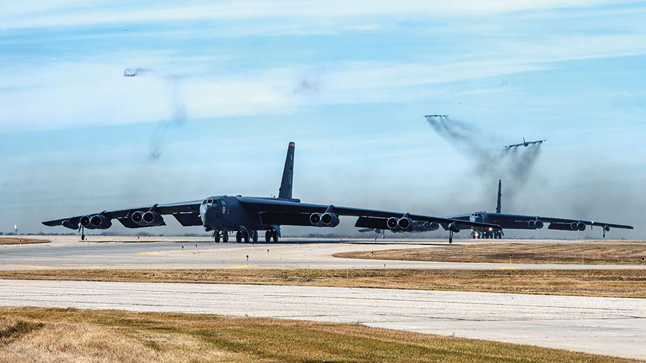 U.S. Air Force B-52 Stratofortress, B-1 Lancer, and B-2 Spirit launch from Andersen Air Force Base, Guam, for integrated bomber operation, August 2016 (U.S. Air Force/Richard P. Ebensberger)