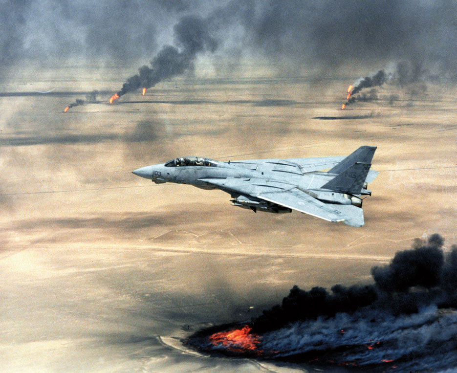 U.S. Navy F-14A Tomcat, Fighter Squadron 211, Naval Air Station Oceana, Virginia Beach, Virginia, in flight over burning Kuwaiti oil wells during Operation Desert Storm (U.S. Air Force)