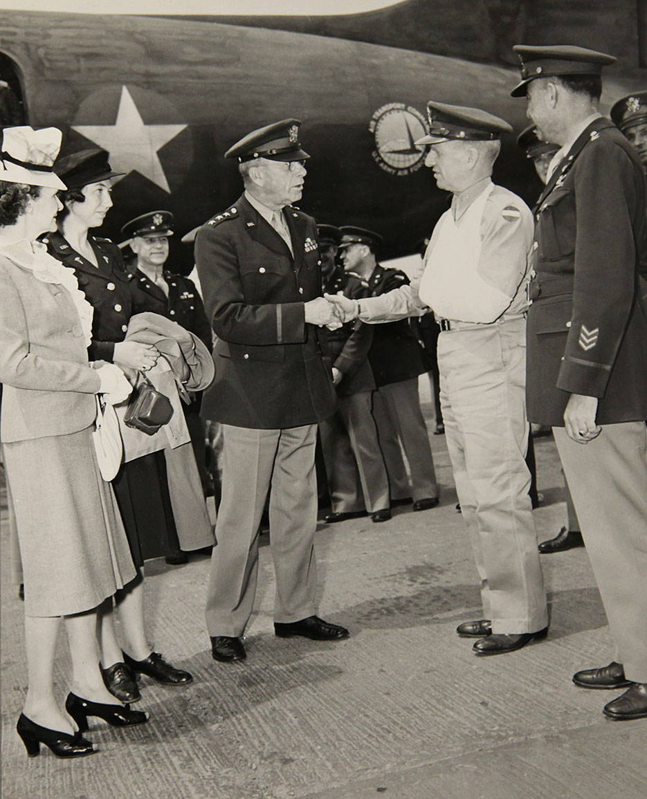 Upon his arrival in Washington, General Ben Lear (left) greets injured General McNair (NDU Special Collections)