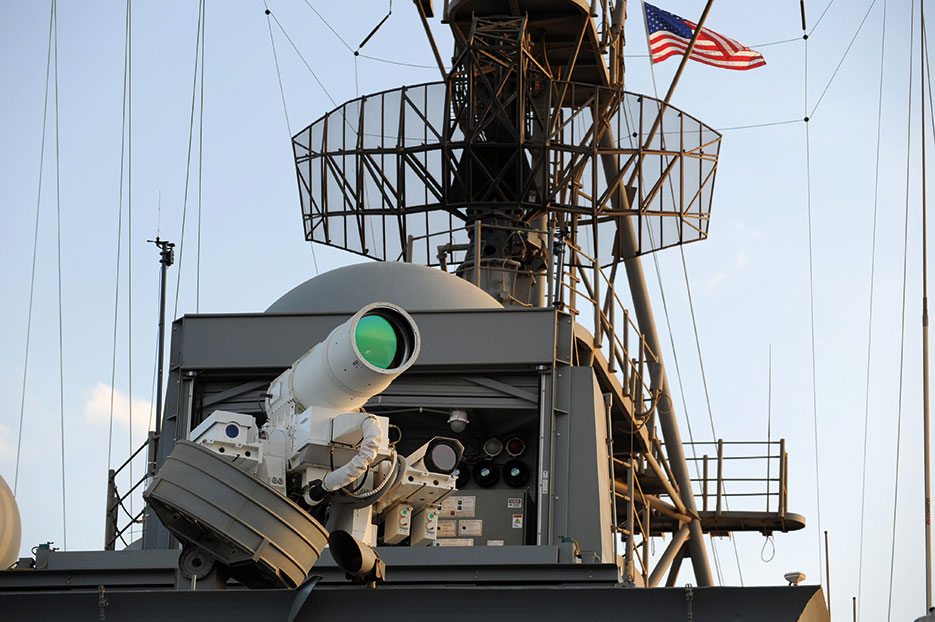 Afloat Forward Staging Base (Interim) USS Ponce conducts operational demonstration of Office of Naval Research–sponsored Laser Weapon System while deployed to Arabian Gulf, November 15, 2014 (U.S. Navy/John F. Williams)