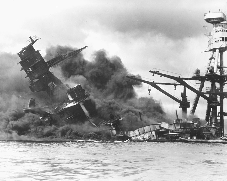 Battleship USS Arizona sinking after being hit by Japanese air attack on December 7, 1941, Pearl Harbor (U.S. Navy/National Archives and Records Administration)