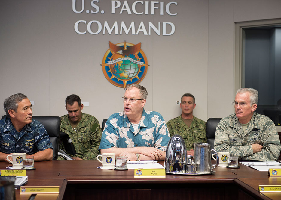 Deputy Secretary of Defense Robert Work and Vice Chairman of the Joint Chiefs of Staff General Paul Selva meet with Commander of U.S. Pacific Command, Admiral Harry Harris, to discuss Third Offset Strategy and its implications for Indo-Asia-Pacific region, October 18, 2016, Camp H.M. Smith, Hawaii (U.S. Navy/Jay M. Chu)