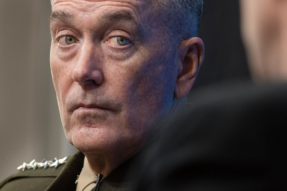 At Brookings Institution, February 23, 2017, General Dunford assessed risk posed by Russia, China, North Korea, Iran, and violent extremism <br />(DOD/D. Myles Cullen)