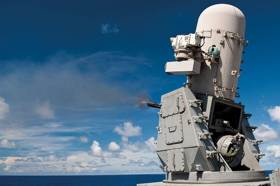 Phalanx close-in weapons system aboard Ticonderoga-class guided-missile cruiser USS Cowpens fires at missile decoy, September 10, 2012 (U.S. Navy/Paul Kelly)
