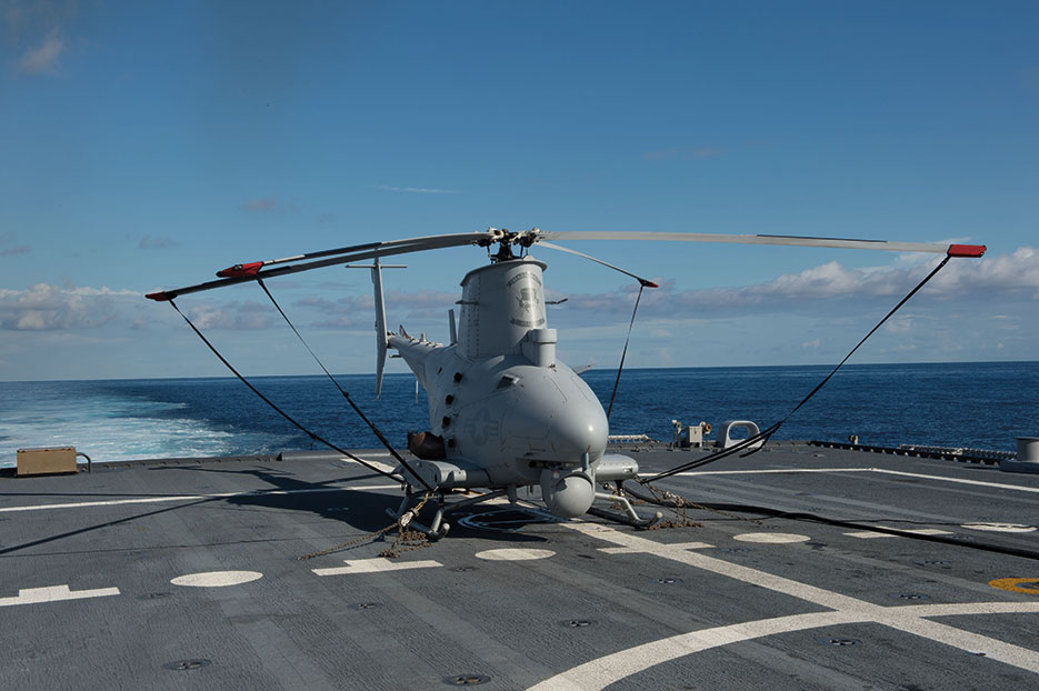 MQ-8B Fire Scout unmanned aircraft system from Magicians of Helicopter Maritime Strike Squadron 35 prepares for flight operations aboard littoral combat ship USS Fort Worth (U.S. Navy/Antonio P. Turretto Ramos)