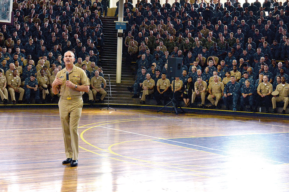 Former CNO Admiral Jonathan Greenert speaks with Servicemembers, civilians, and their families about U.S. rebalance to Pacific, shorter deployments, and potential upcoming changes to military compensation and retirement benefits, Pearl Harbor, February 6, 2015 (U.S. Navy/Brennan D. Knaresboro)