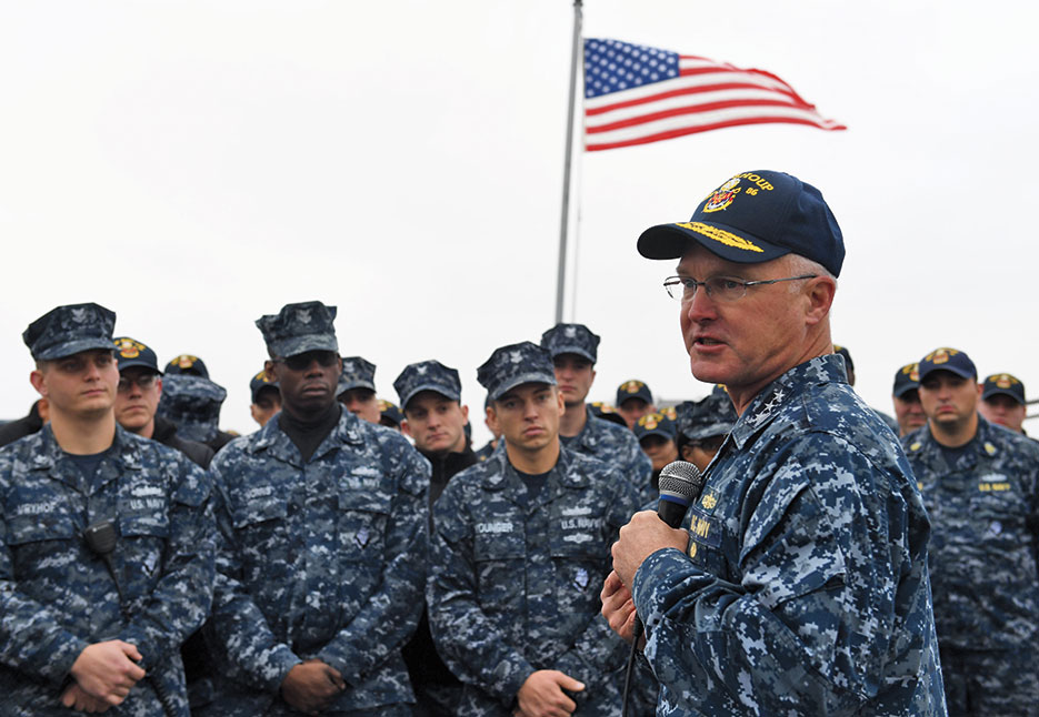 Vice Admiral Thomas Rowden, commander, Naval Surface Forces, U.S. Pacific Fleet, speaks to Sailors assigned to Arleigh Burke–class guided-missile destroyer USS Shoup during his visit to Naval Station Everett, November 1, 2016 (U.S. Navy/Joseph Montemarano)