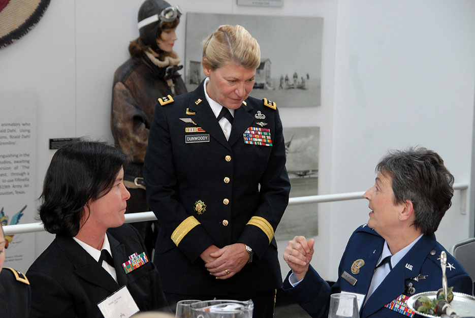 General Ann Dunwoody, USA, meets with Rear Admiral Liz Young and Air Force Major General Ellen M. Pawlikowski during lunch in her honor in February 2009 at the Women in Military Service for America Memorial at Arlington National Cemetery (U.S. Army)