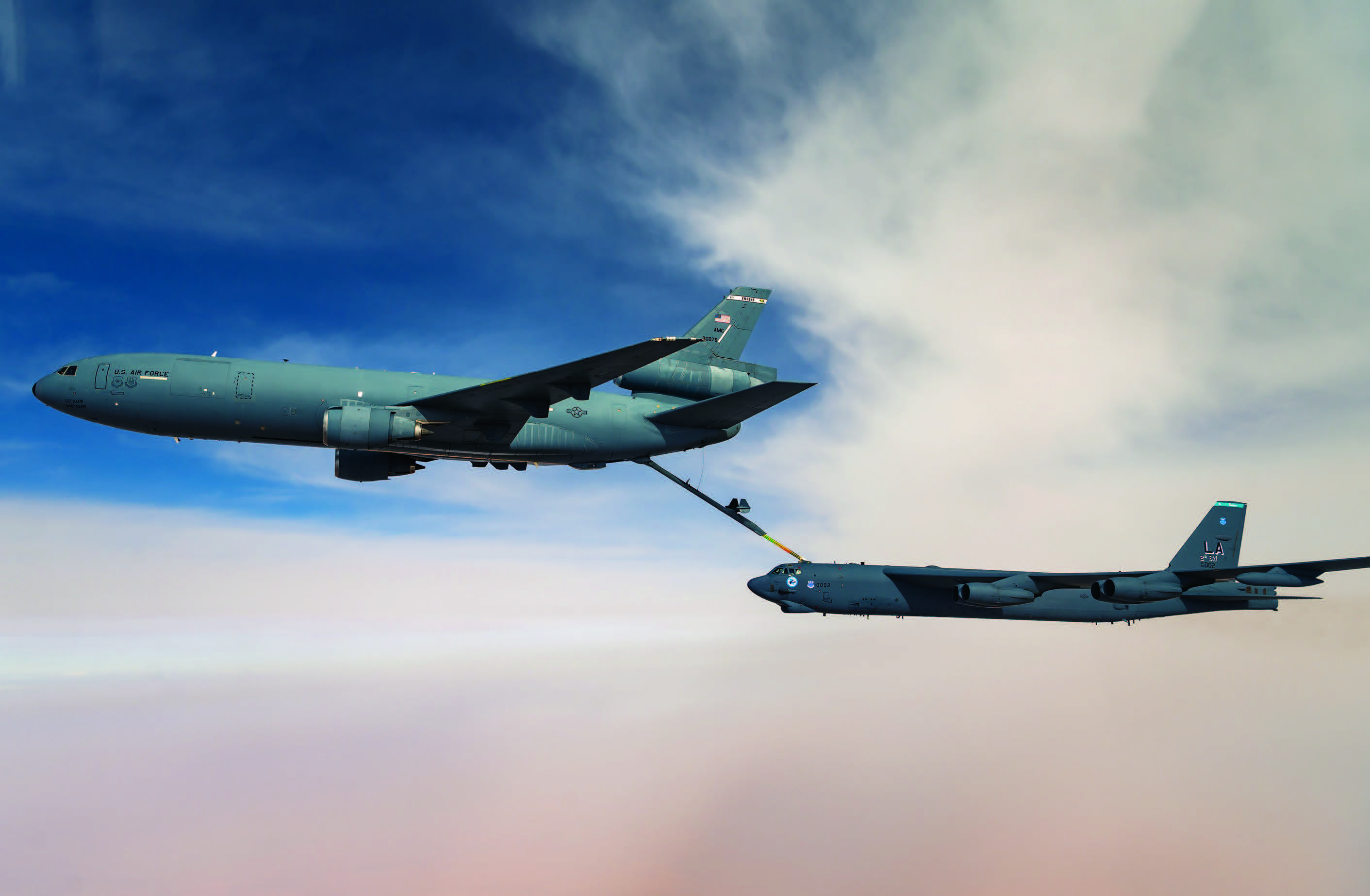 B-52 Stratofortress assigned to Barksdale Air Force Base, Louisiana, receives fuel from KC-10 Extender during bomber task force mission over U.S. Central Command area of responsibility, January 27, 2021 (U.S. Air Force/Trevor T. McBride)