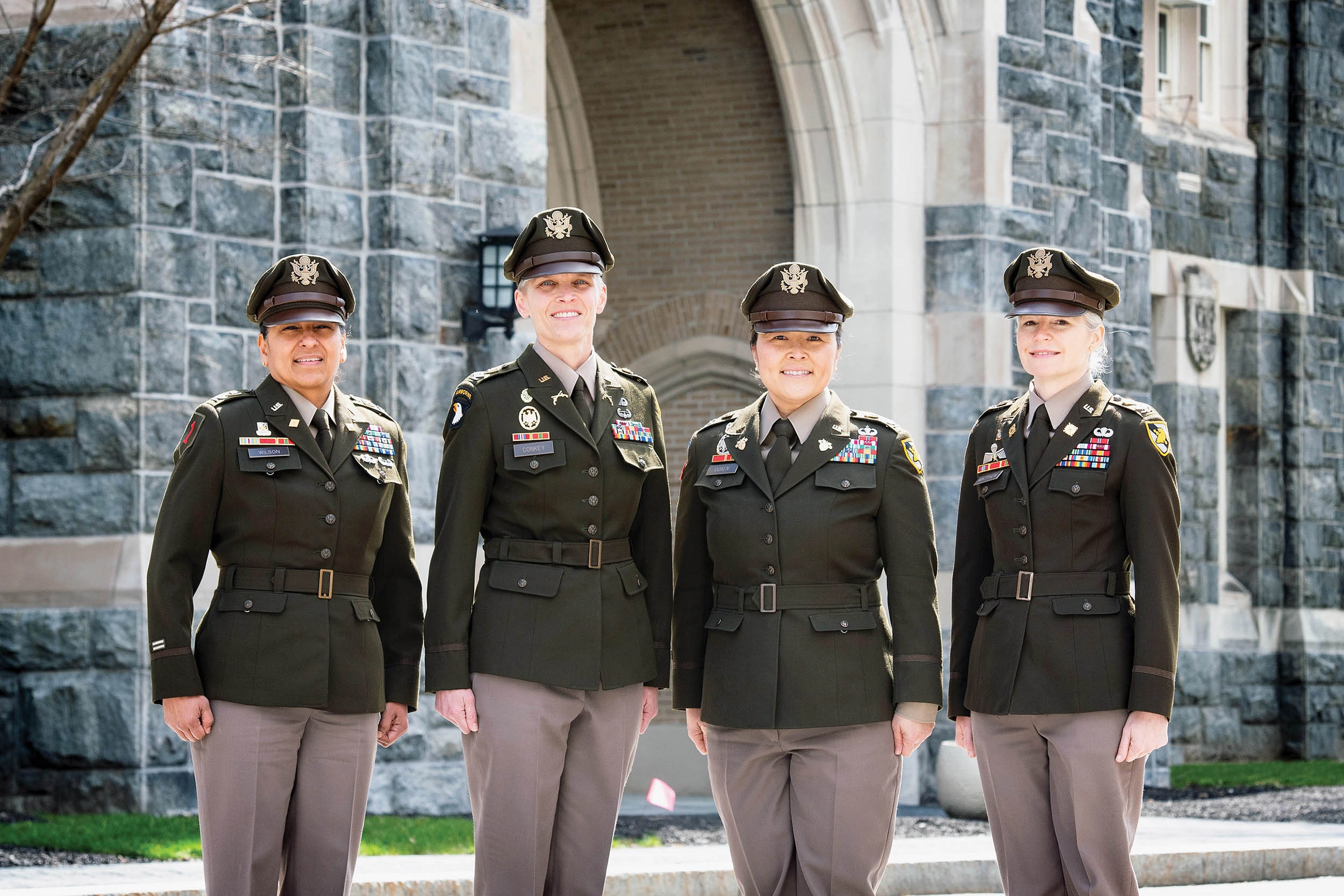 For first time in history of West Point, four current members of West Point faculty, from left, Colonels Julia Wilson, Kate Conkey, Julia Coxen, and Katie Matthew, have both commanded an Army battalion and earned a Ph.D., U.S. Military Academy at West Point, New York, March 27, 2023 (U.S. Army/Elizabeth Woodruff)