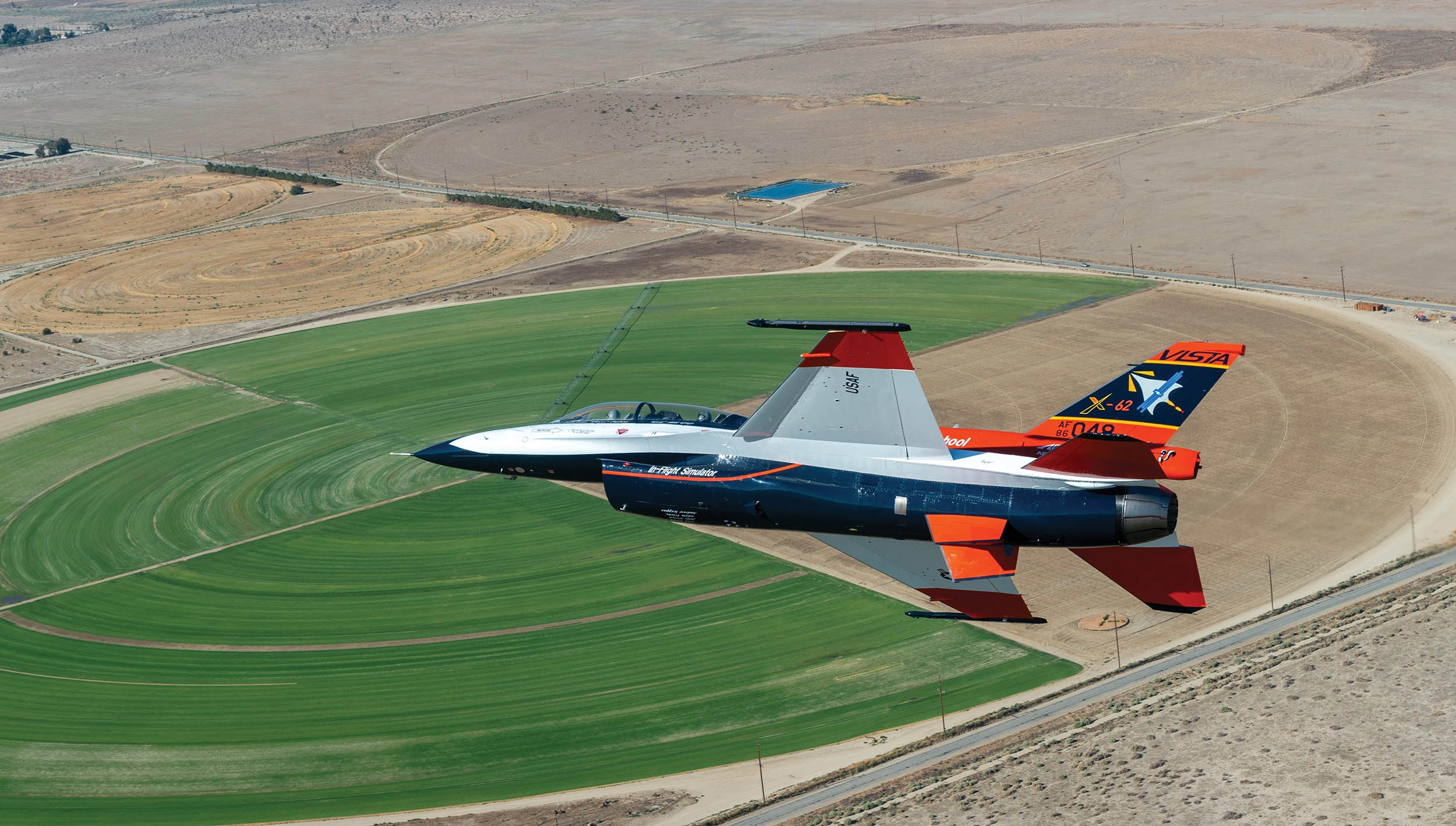 Joint Department of Defense team executed 12 artificial intelligence flight tests in which AI agents piloted X-62A Variable Stability In-Flight Simulator Test Aircraft, seen here in an August 26, 2022, photo, to perform advanced fighter maneuvers at Edwards Air Force Base, California, December 1–16, 2022 (U.S. Air Force/Kyle Brasier)