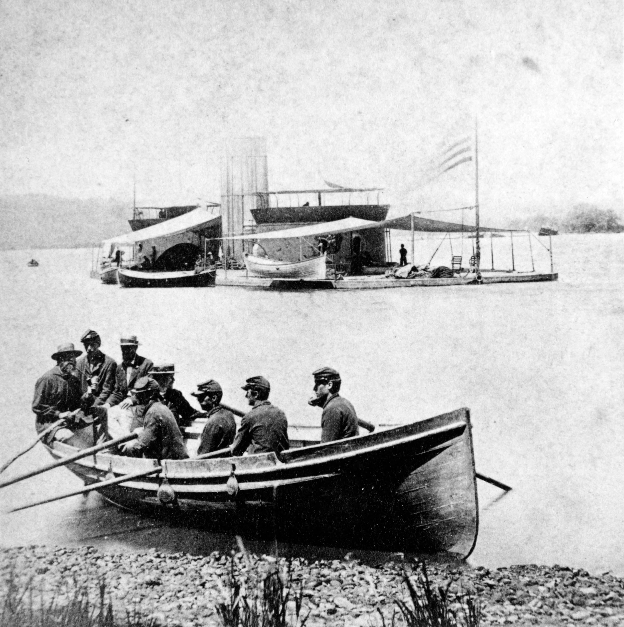 USS Onondaga, on James River in Virginia, ca. 1864–1865, with rowboat in foreground manned by Union Soldiers (Naval History and Heritage Command/Brady & Company)