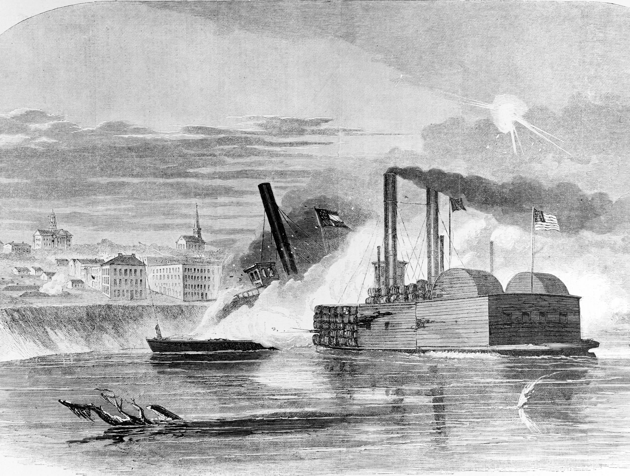 Engraving published in Harper’s Weekly in 1863 depicting attack by Federal ram USS Queen of the West on Confederate steamer CSS Vicksburg, off Vicksburg, Mississippi, February 2, 1863 (Naval History and Heritage Command)