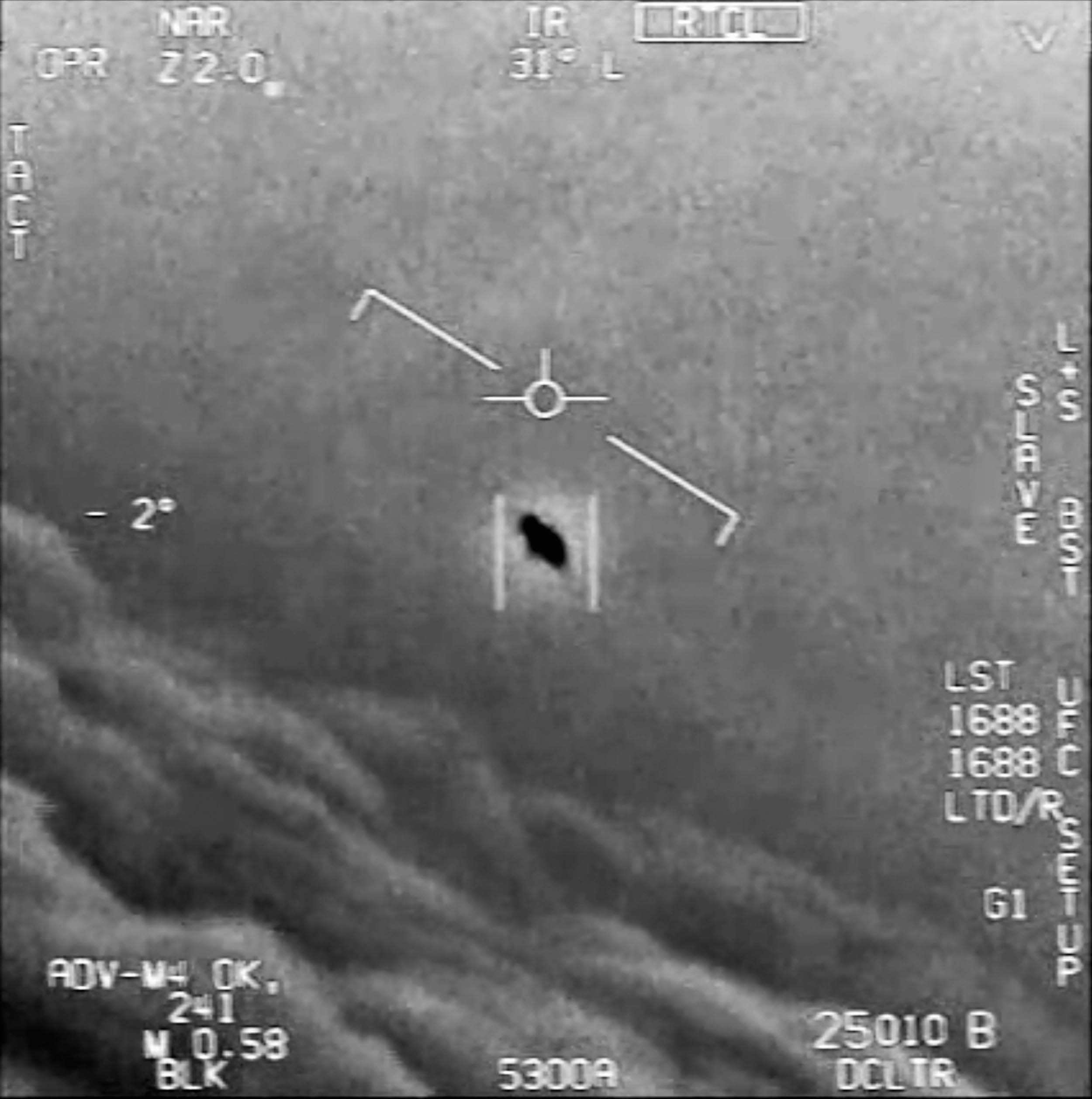 Screengrab of “Gimbal,” one of three U.S. military videos of unidentified aerial phenomenon, declassified and approved for public release, taken aboard Navy fighter jet from nuclear aircraft carrier USS Theodore Roosevelt, near Florida coast, January 21, 2015 (U.S. Navy)