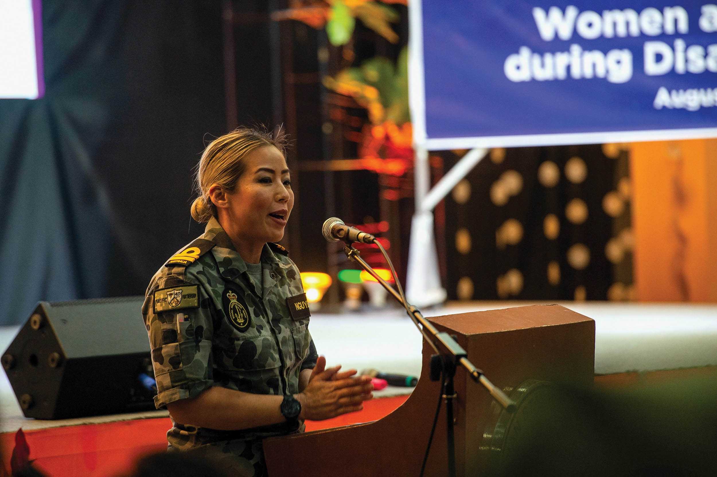 Lieutenant Vicky Nguyen, Gender, Peace, and Security advisor with Royal Australian Navy, presents during “Women and Security during Disaster” lecture at Palawan State University, during Pacific Partnership 2022, Puerto Princesa, Philippines, August 12, 2022 (U.S. Navy/Jacob Woitzel)