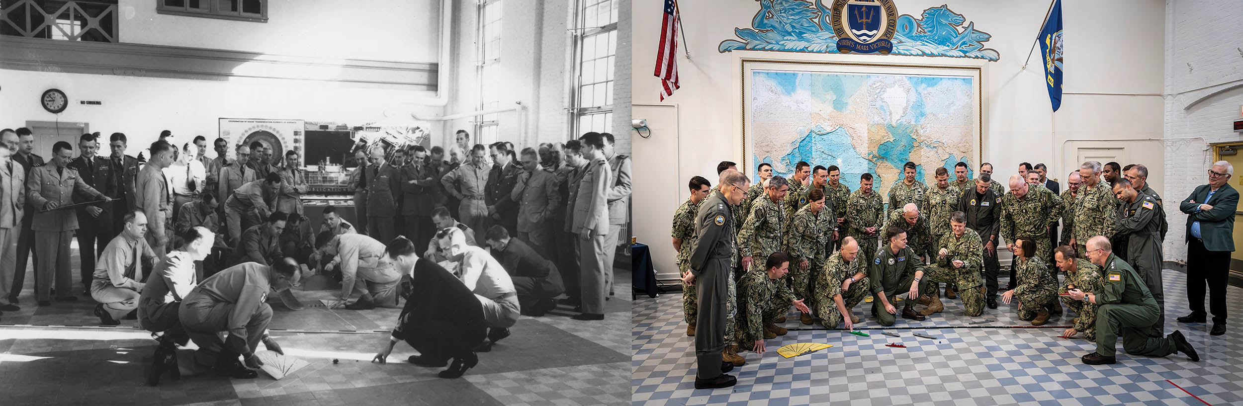 Military officials conduct wargaming exercise at U.S. Naval War College in Newport, Rhode Island, in 1952 (left), and Vice Chief of Naval Operations Admiral Lisa Franchetti poses for photo with senior officers and civilians at CNO Futures Wargame in Newport, August 30, 2023 (Courtesy Naval War College)