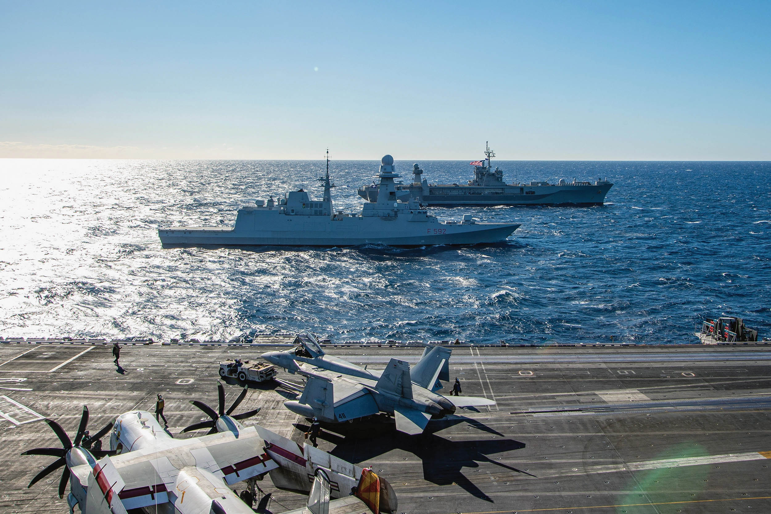 Italian navy anti-submarine frigate ITS Carlo Margottini and command and control ship USS Mount Whitney transit alongside USS Harry S.
Truman in support of Neptune Strike 22, February 2, 2022, in Adriatic Sea (U.S. Navy/Hunter Day)