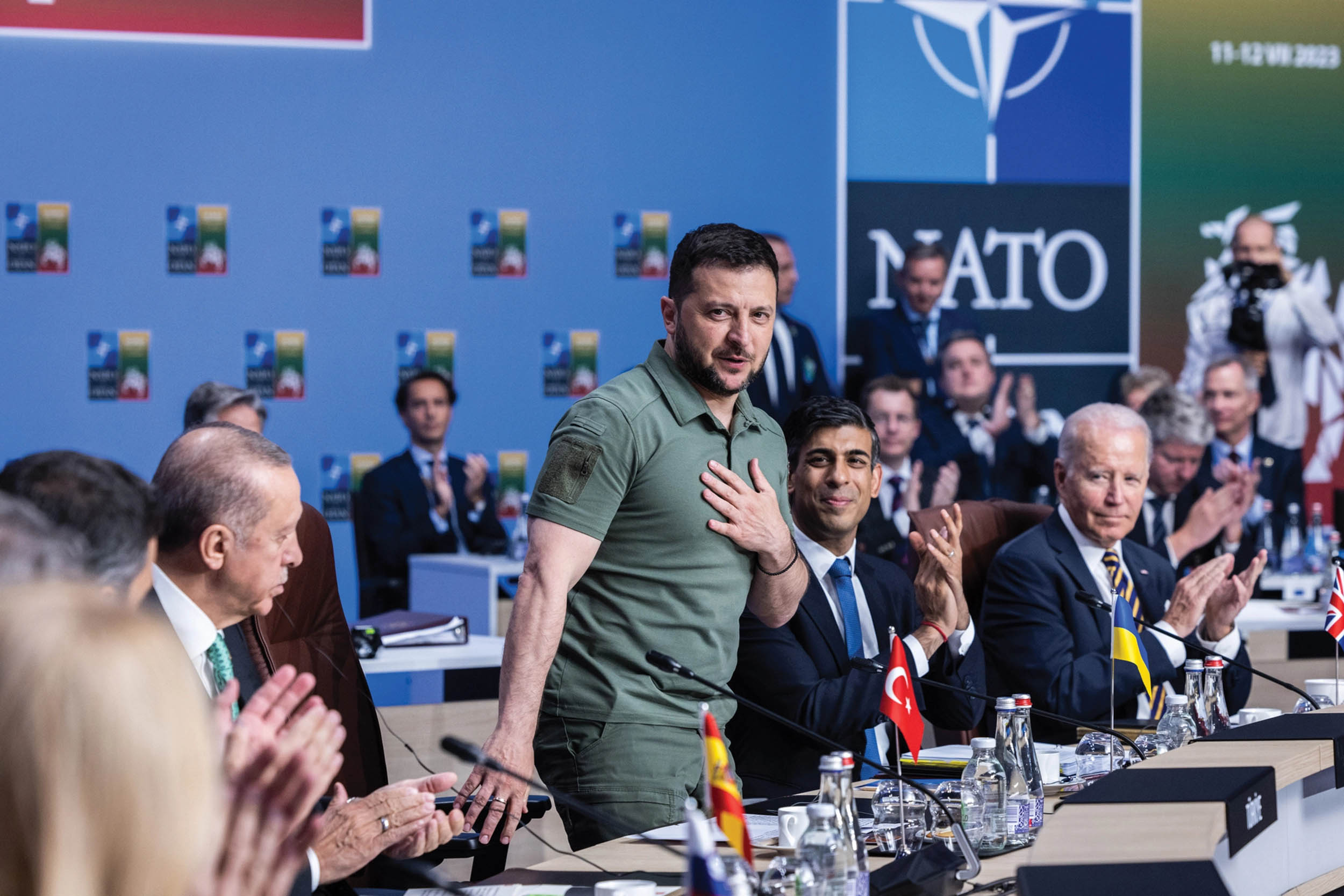 Meeting of NATO–Ukraine Council at level of heads of state and government, including Sweden; left to right: Turkish President Recep Tayyip Erdogan; Ukrainian President Volodymyr Zelensky; United Kingdom Prime Minister Rishi Sunak; and U.S. President Joe Biden, at NATO Summit
in Vilnius, Lithuania, July 12, 2023 (NATO)