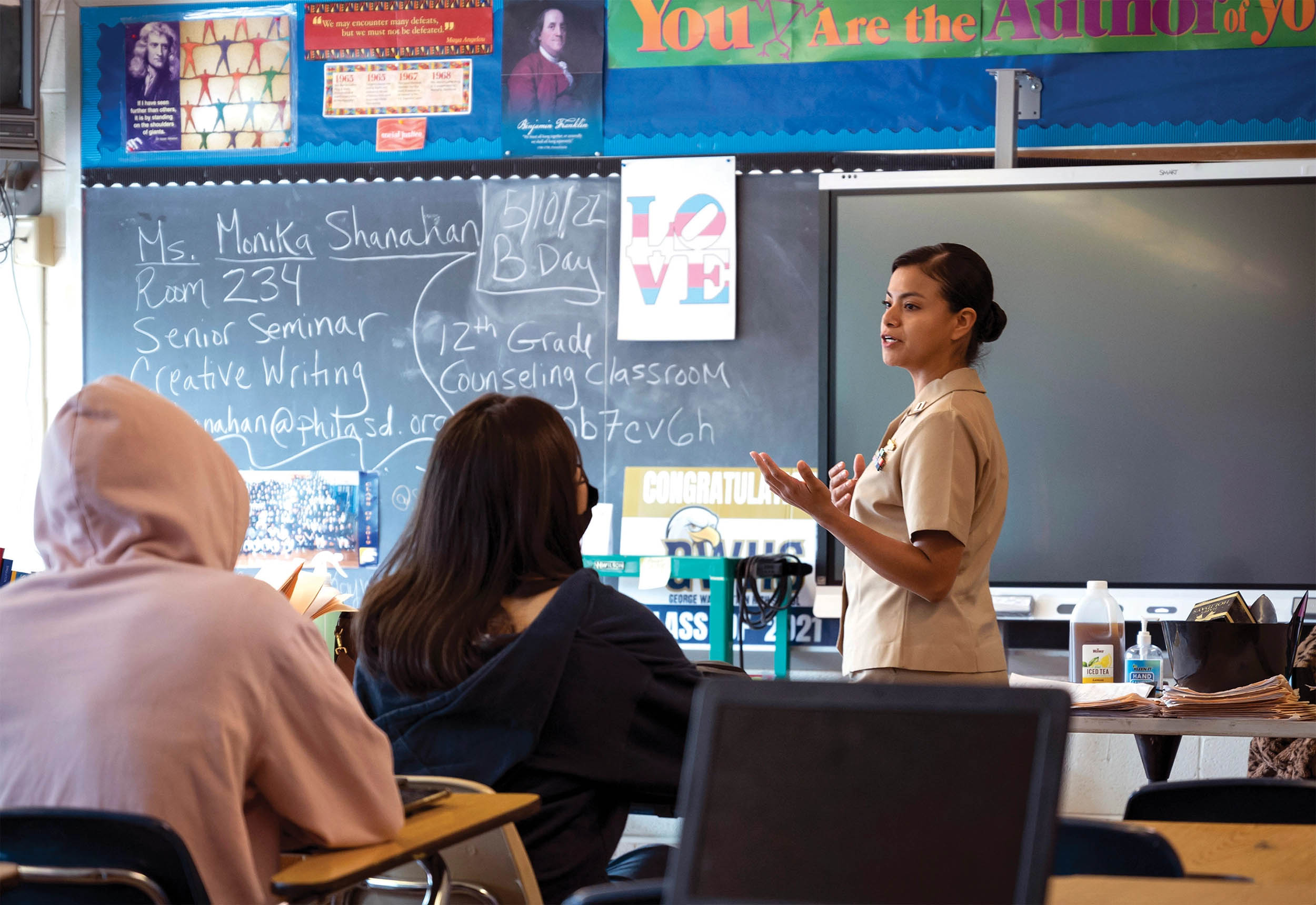 Navy Lieutenant Mayra Perez, Tours With Industry fellow, speaks to George Washington High School students during Navy Promotional Day in
Philadelphia, Pennsylvania, May 11, 2022 (U.S. Navy/Diana Quinlan)