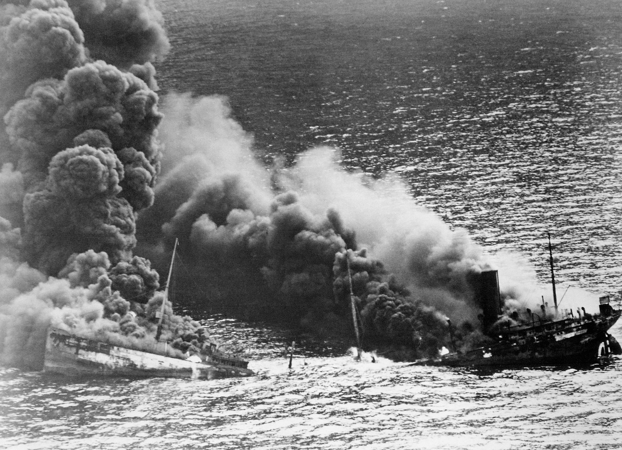 Allied tanker Dixie Arrow, torpedoed in Atlantic Ocean by German U-71, in 1942 (U.S. Navy/National Archives and Records Administration)