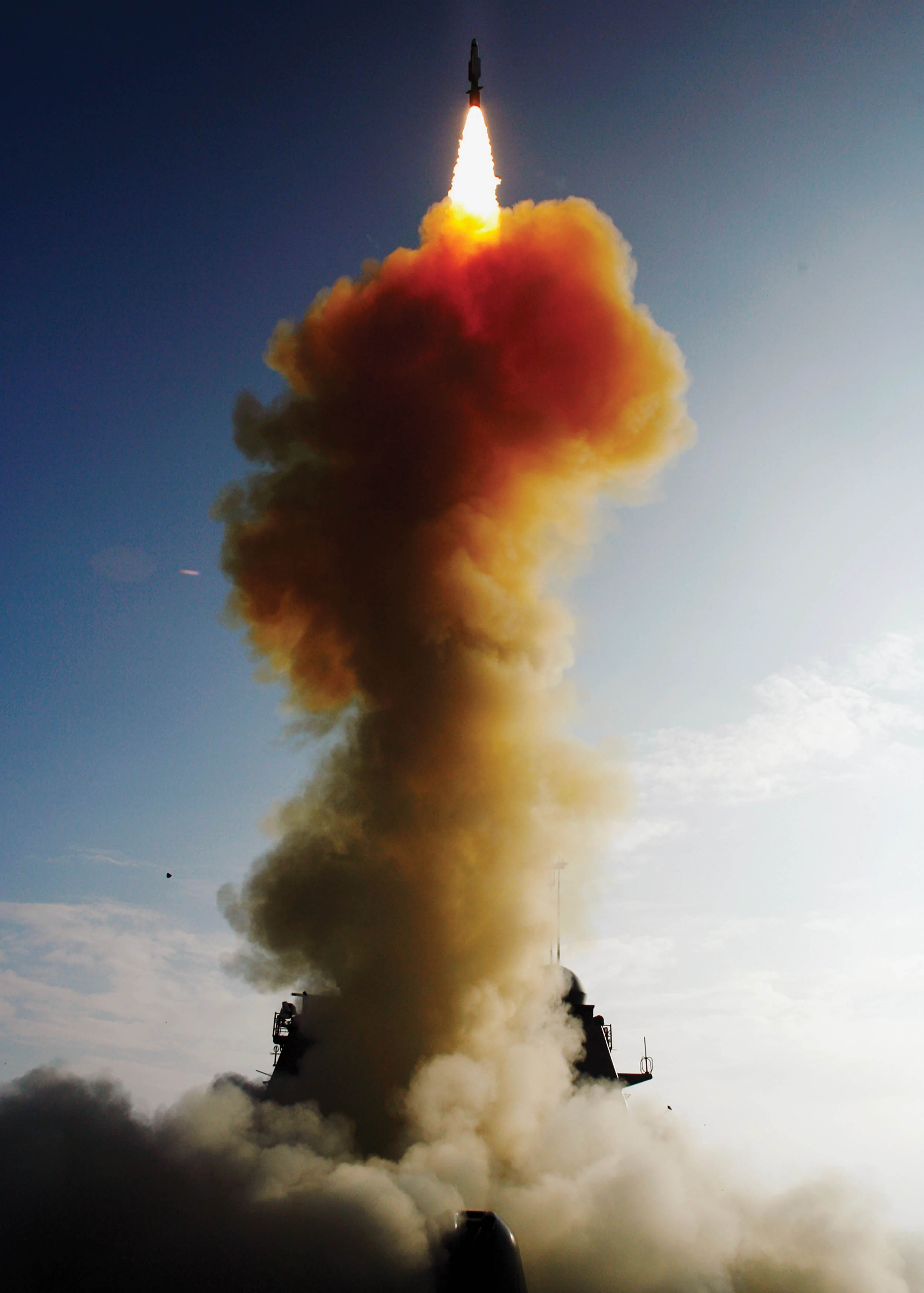 Single modified tactical Standard Missile–3 launches from USS Lake Erie, successfully impacting nonfunctioning National Reconnaissance Office satellite approximately 133 nautical miles over Pacific Ocean, February 20, 2008 (U.S. Navy)