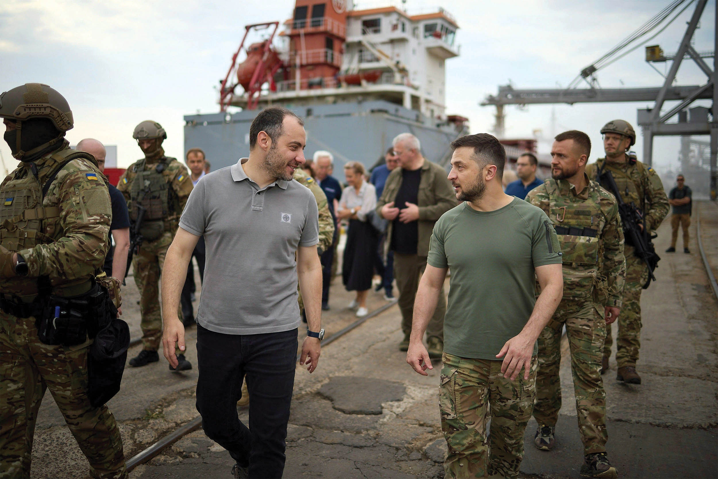 Ukrainian President Volodymyr Zelensky, right, walks with Minister of Infrastructure Oleksandr Kubrakov during visit to Chornomorsk Sea Trade Port to watch Turkish-flagged dry cargo ship Polarnet loaded with grain for export, July 29, 2022, in Chornomorsk, Odesa Oblast, Ukraine (Ukrainian Presidential Press Office/Ukraine Presidency/Alamy Live News)