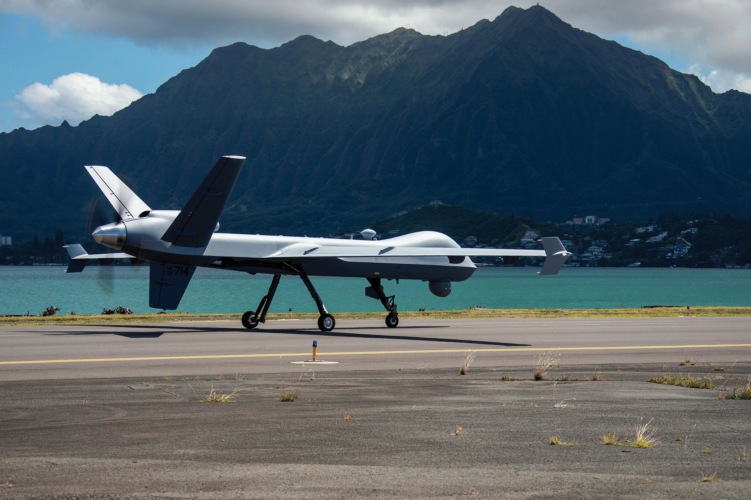 Marine Corps Marine Unmanned Aerial Vehicle Squadron 3, Marine Aircraft Group 24, maneuvers MQ-9A down flight line on Marine Corps Air Station Kaneohe Bay, Hawaii, June 20, 2023 (U.S. Marine Corps/Cody Purcell)