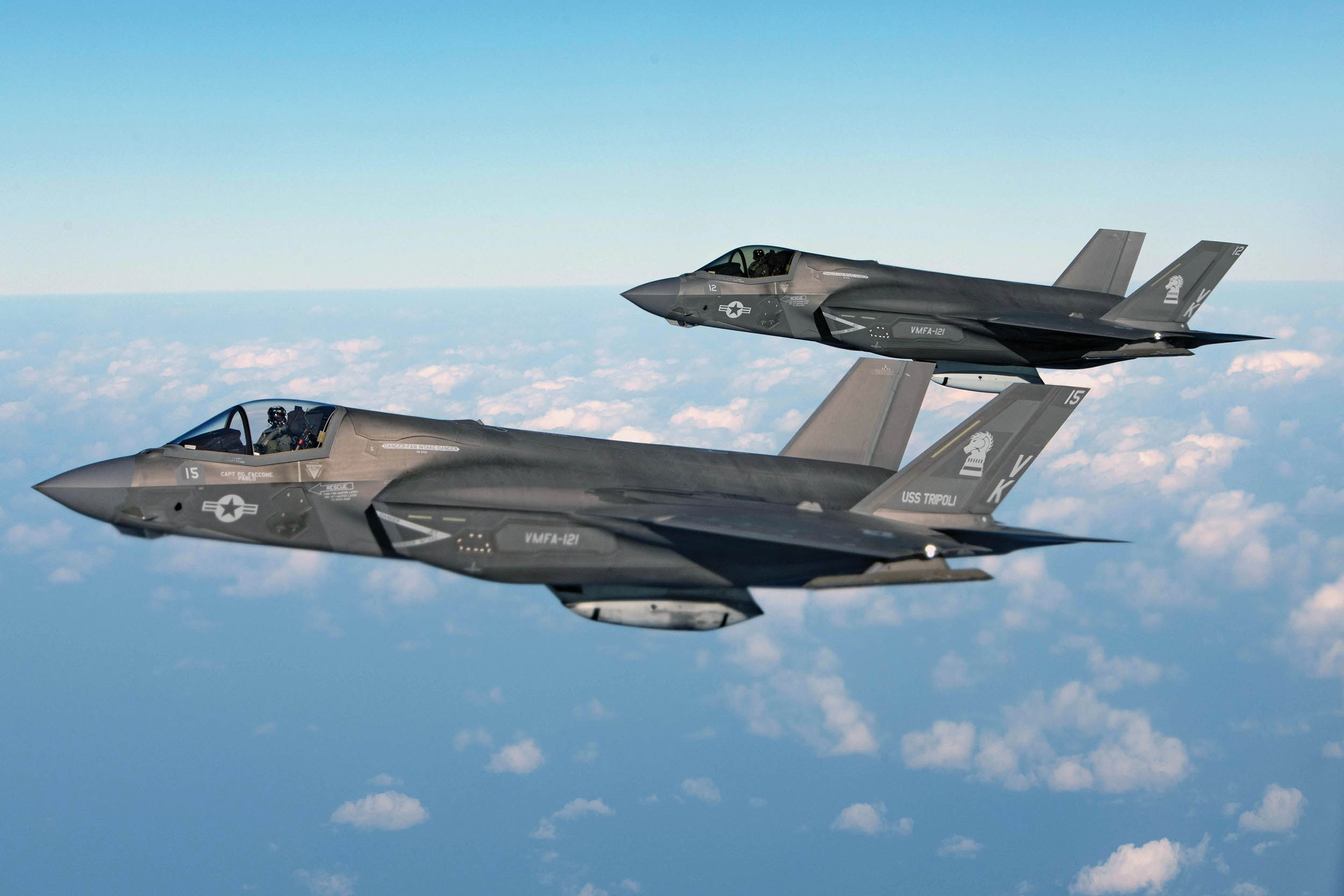 Marine Corps F-35B Lightning IIs, assigned to Marine Fighter Attack Squadron 121 from Marine Corps Air Station Iwakuni, fly alongside Air Force KC-135 Stratotanker over Pacific Ocean, January 19, 2023 (U.S. Air Force/Tylir Meyer)