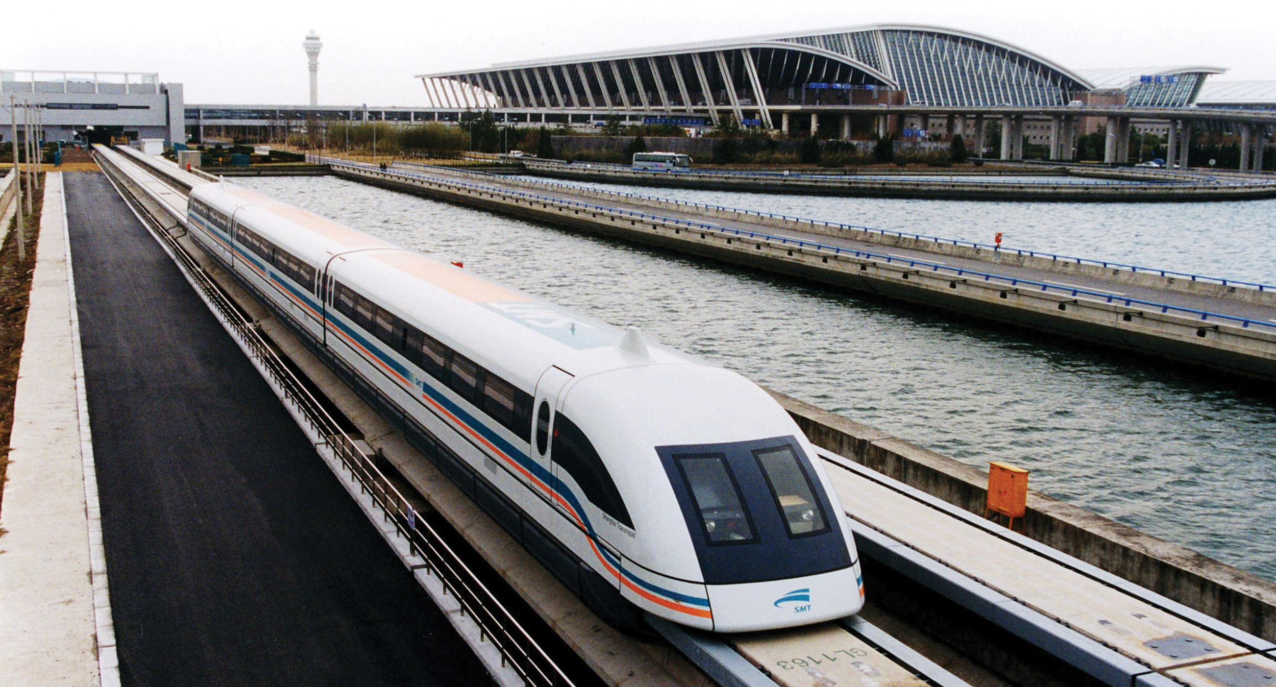 Maglev train exiting Shanghai Pudong International Airport, China