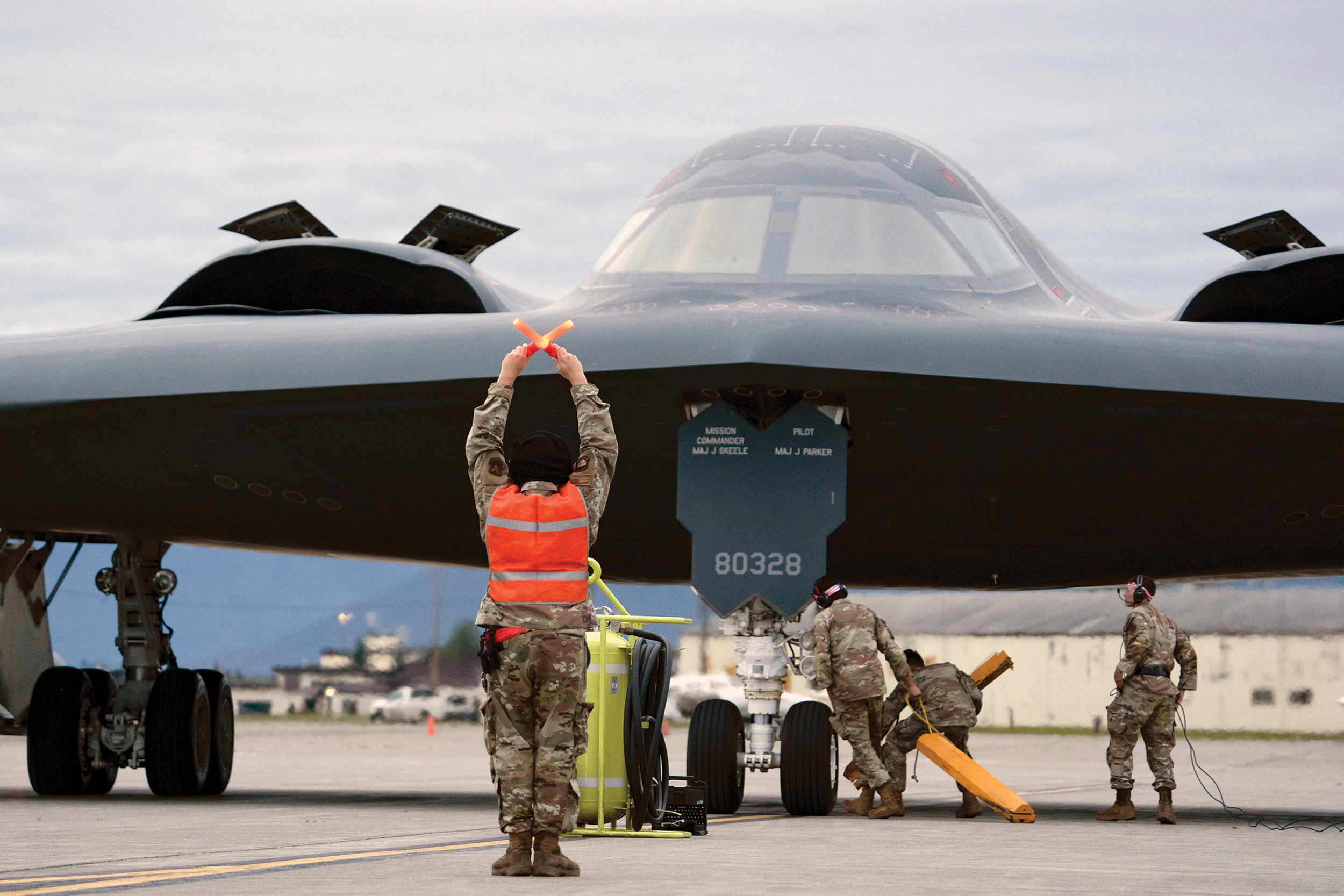 Air Force B-2 Spirit assigned to 509th Bomb Wing taxis at Joint Base Elmendorf-Richardson, Alaska, July 19, 2023, as part of bomber Agile Combat Employment exercise