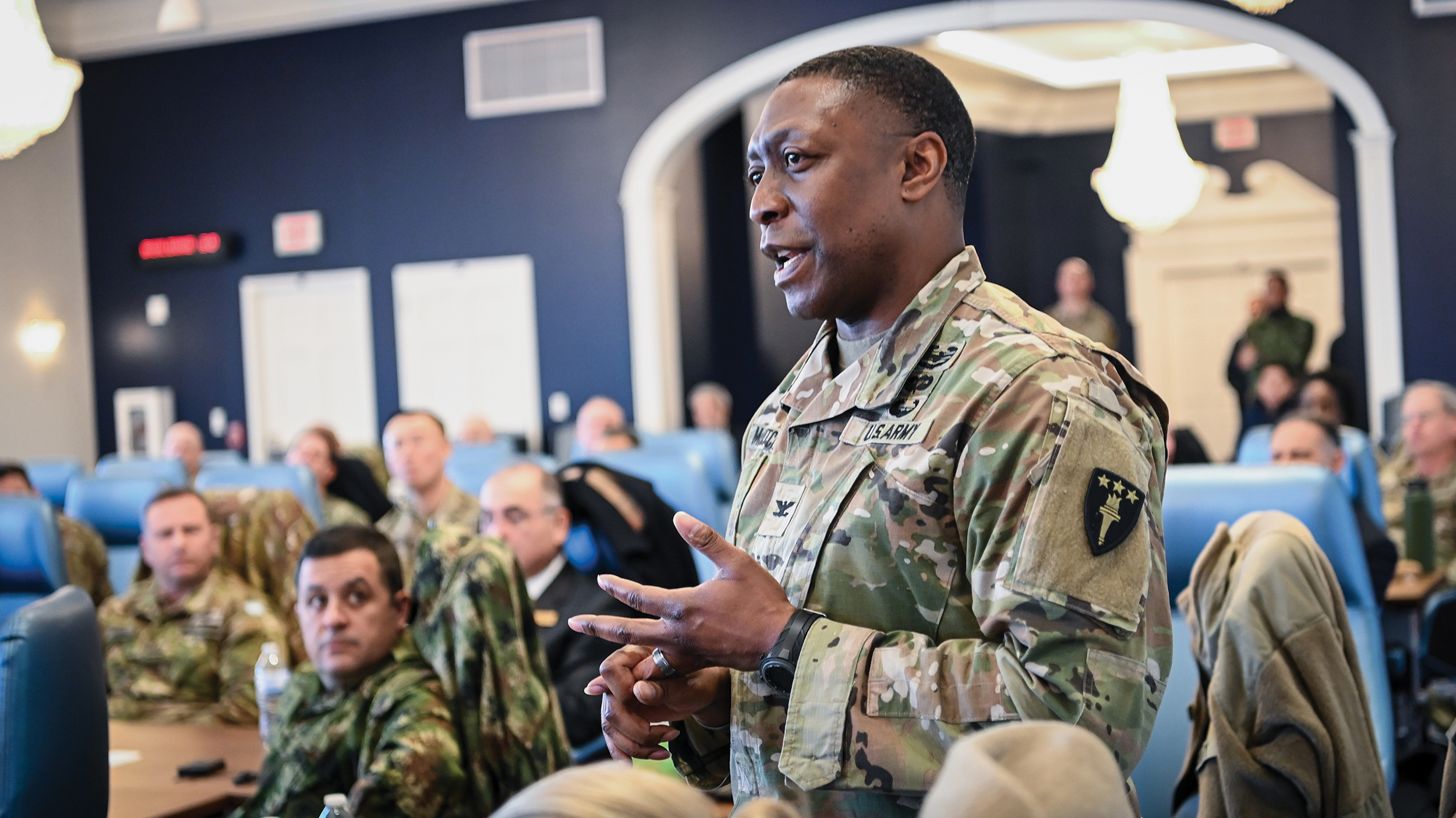 Army Major General James E. Taylor, Inter-American Defense College director, speaks to Army War College students at National Defense University, Fort Lesley J. McNair, Washington, DC