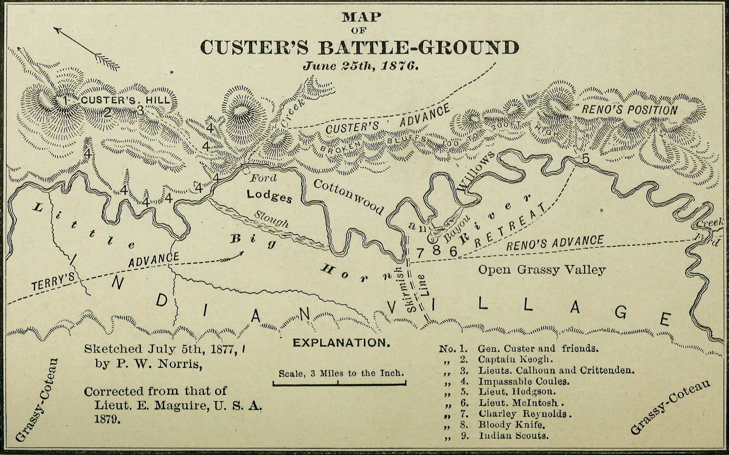 Map of Custer’s Battle-Ground, in Philetus W. Norris, The Calumet of the Coteau, and Other Poetical Legends of the Border (Philadelphia: J.B.
Lippincott and Co., 1883), 42 (U.S. Army/P.W. Norris and E. Maguire/Library of Congress)