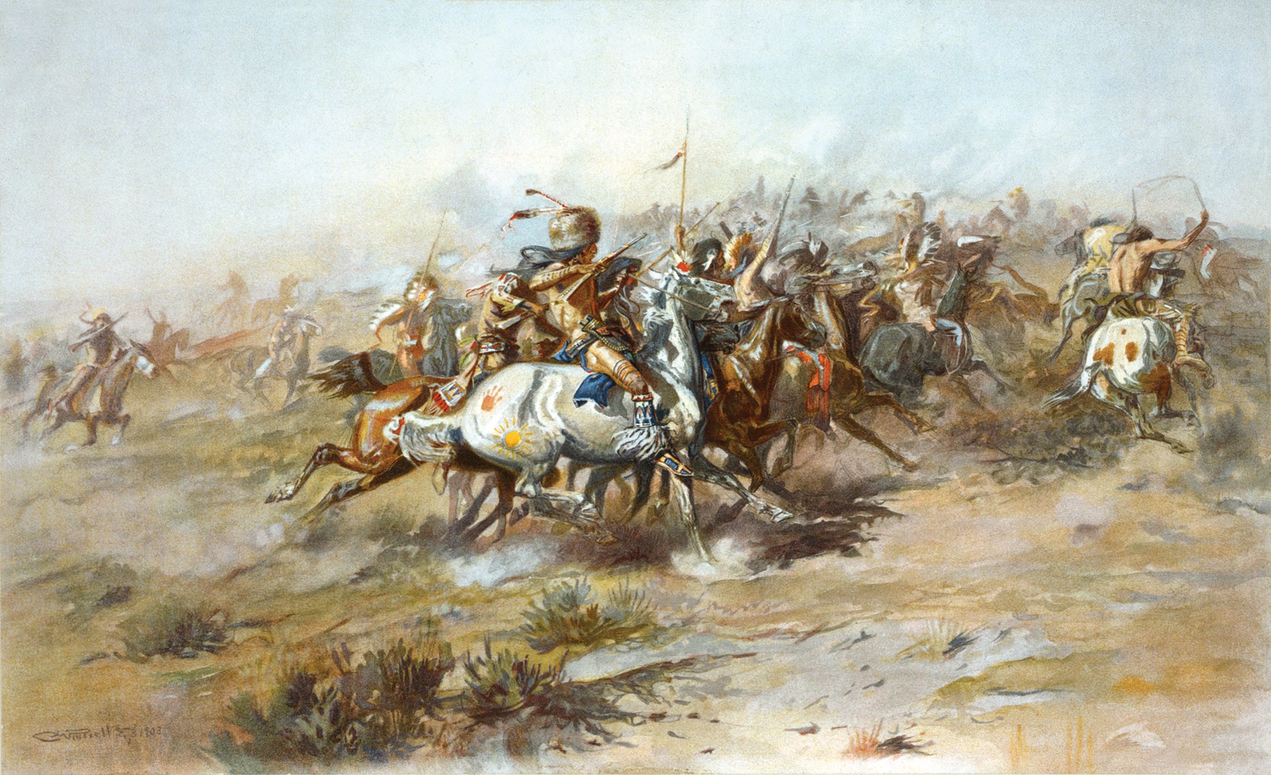 The Custer Fight, by Charles Marion Russell, lithograph showing Battle of Little Bighorn from the Native American side, 1903 (Library of
Congress, with restoration by Adam Cuerden)