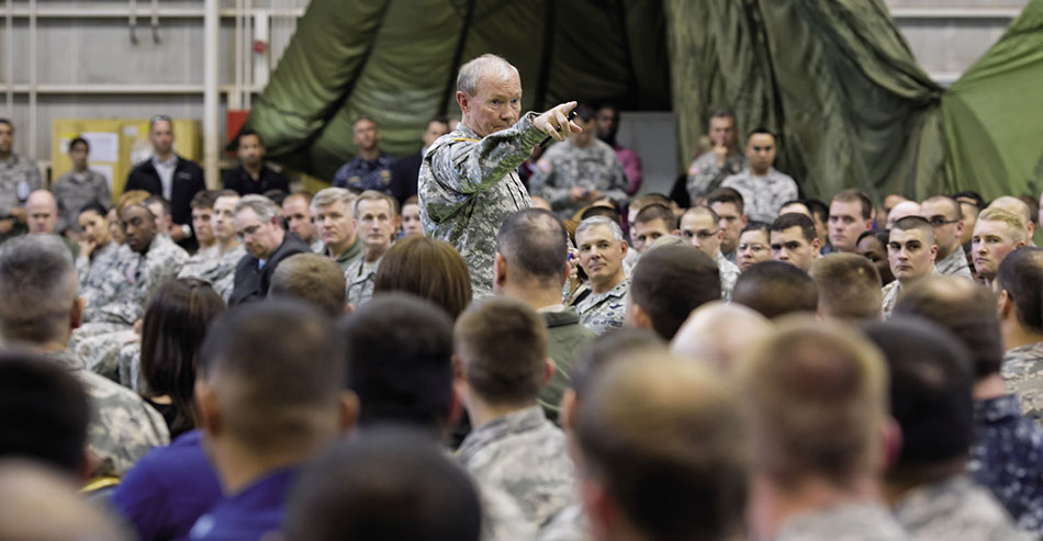 Chairman addresses U.S. Servicemembers during town hall event at Yokota Air Base, Japan, regarding importance of maintaining strong bilateral ties to ensure security throughout Asia-Pacific region (U.S. Air Force/Yasuo Osakabe)