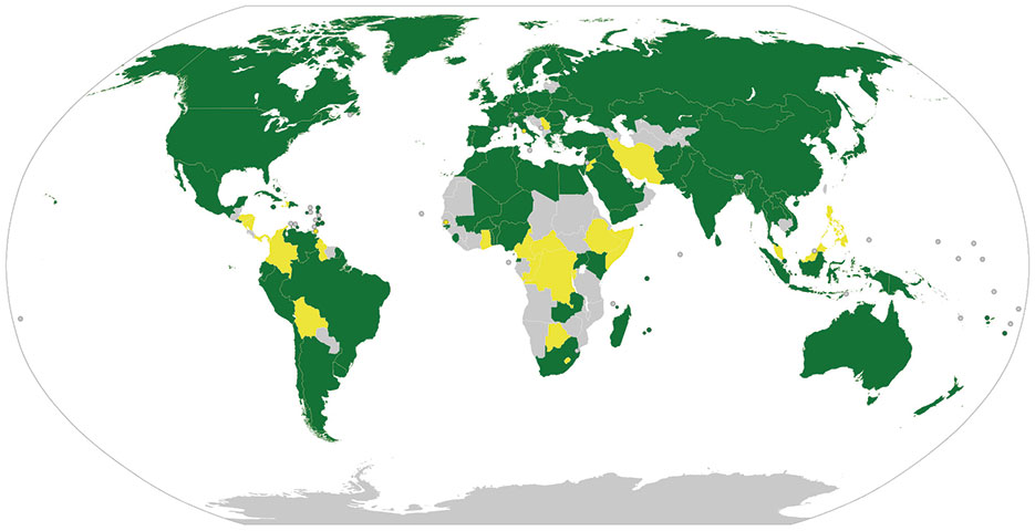 Countries that signed and ratified Outer Space Treaty as of January 1, 2013, are indicated in green, countries that only signed in yellow, and those that did not sign in grey
