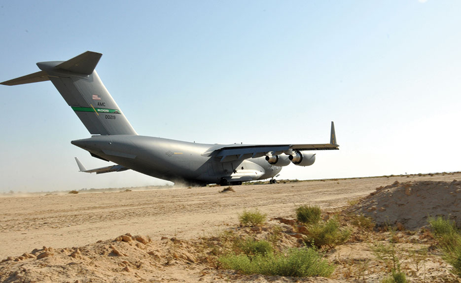 Air Force C17 Globemaster takes off from old Israeli airstrip in Sinai Peninsula of Egypt to provide airlift support for Soldiers from Aviation Company, 1st Support Battalion, Task Force Sinai (U.S. Army/Thomas Duval)
