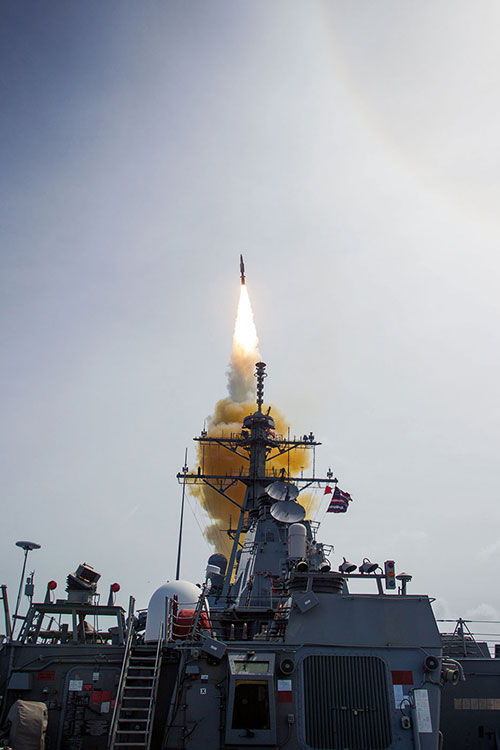 Standard Missile–3 Block IB guided missile launched from USS John Paul Jones during Missile Defense Agency and U.S. Navy test over Pacific Ocean (Missile Defense Agency/Leah Garton)