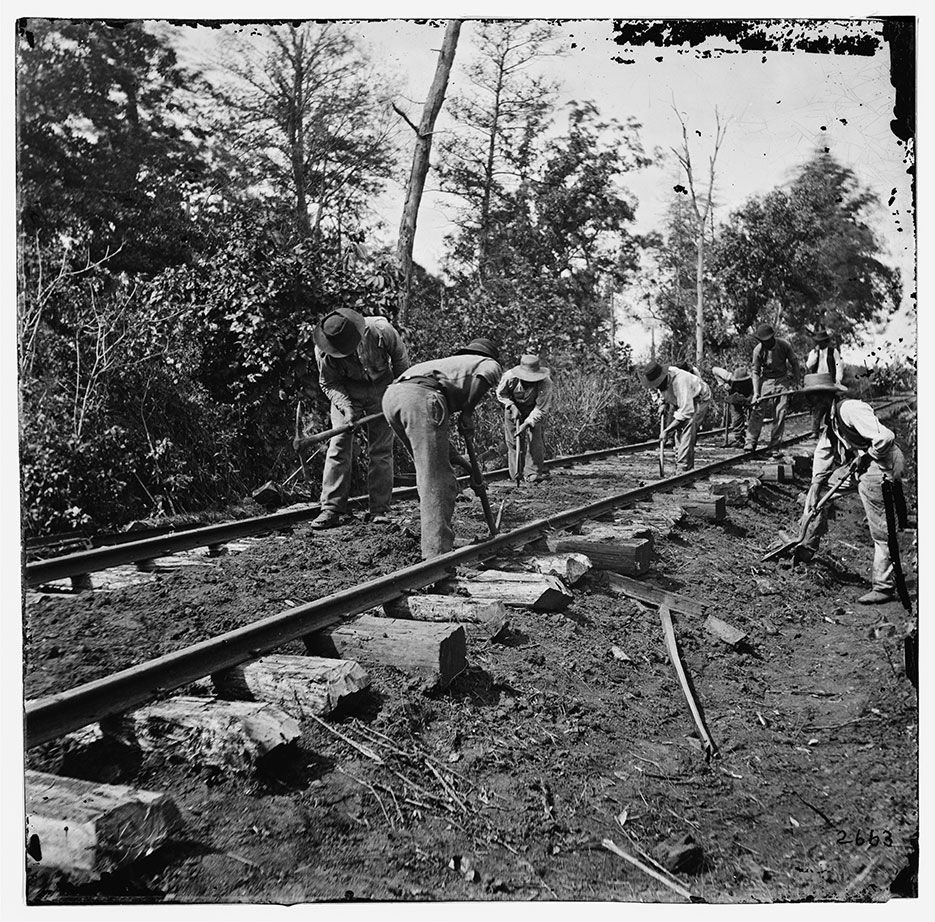 Men repairing single-track railroad near Murfreesboro, Tennessee, after Battle of Stone’s River (LOC)