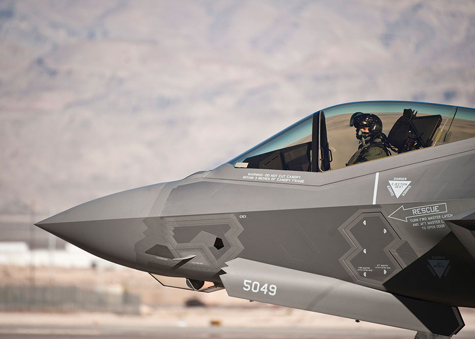 Captain Brent Golden, 16th Weapons Squadron instructor, taxis F-35A Lightning II at Nellis Air Force Base, January 2015 (U.S. Air Force/Siuta B. Ika)