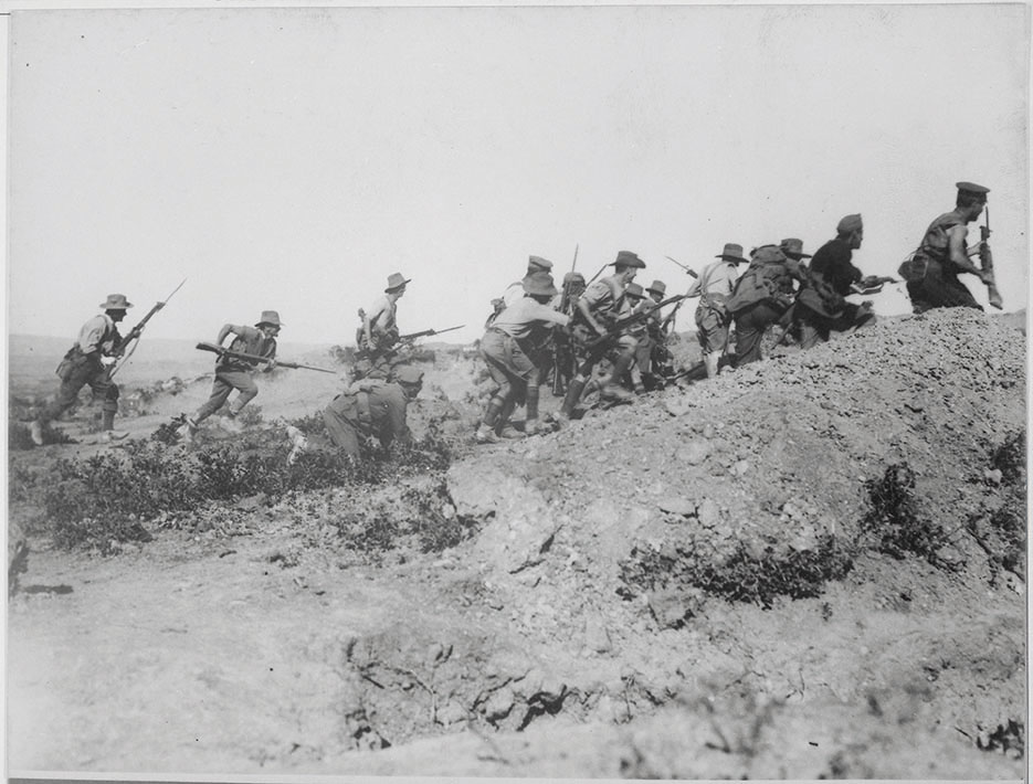 Australian troops charging near Turkish trench, just before evacuation at Anzac, ca. 1915 (U.S. National Archives and Records Administration)