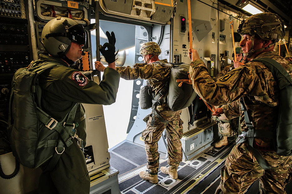 U.S. Army paratroopers assigned to 1st Battalion, 503rd Airborne Infantry Regiment, 173rd Airborne Brigade Combat Team prepare to jump while conducting airborne operations during exercise Allied Spirit II at U.S. Army’s Joint Multinational Readiness Center in Hohenfels, Germany, August 13, 2015 (U.S. Army/Matthew Hulett)