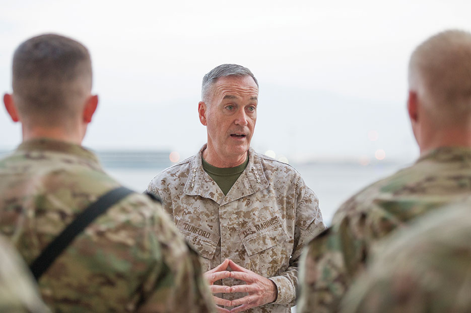 U.S. Marine Corps General Joseph F. Dunford, Jr., Chairman of the Joint Chiefs of Staff, meets with Servicemembers before USO holiday troop visit at Bagram Air Field, Afghanistan, December 8, 2015 (U.S. Air Force/Robert Cloys)